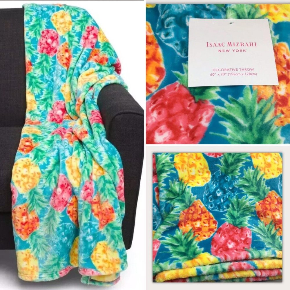 Isaac Mizrahi Tossed Pineapple Throw Blanket Fleece Tropical Blue Pink Green NEW